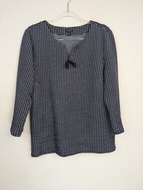 Talbots Top Womens Large Navy White Stripe Knit Bow Neck Long Sleeve Blouse